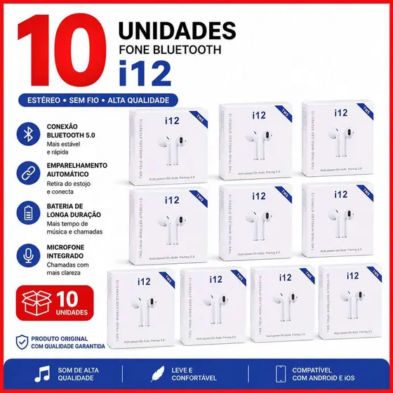 Kit Fones de Ouvido Bluetooth i12 TWS Sem Fio 5.0 com Microfone Compatível Android e iPhone