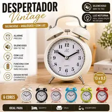 Relógio Despertador Analógico Silencioso Retrô de Mesa com Luz Noturna Alimentação por Pilha AA para Quarto e Cabeceira