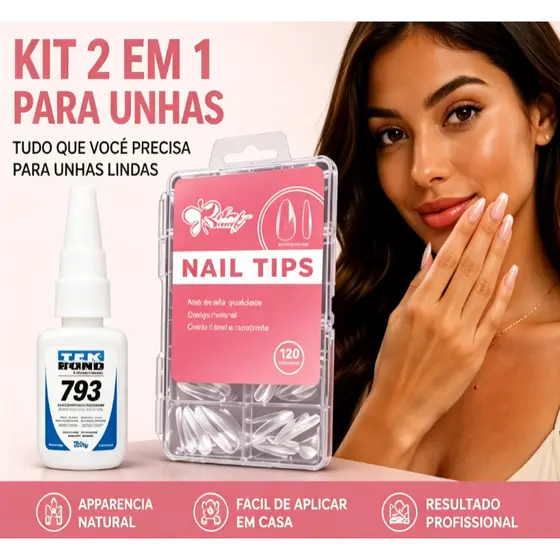 Kit 2 em 1 Unhas Postiças, 120 Tips Transparentes + Cola Tek Bond 793, Manicure DIY Profissional
