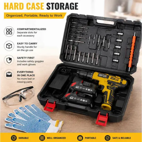 Furadeira Elétrica Sem Fio Recarregável, Kit com 2 Baterias, Ferramenta Parafusadeira Amarela para Reparos em Casa