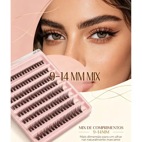 Cílios postiços volume fio a fio D curl comprimento misto 9‑14mm fios finos e naturais