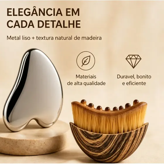 Kit Gua Sha 2 em 1 Placa Metálica e Massageador de Madeira