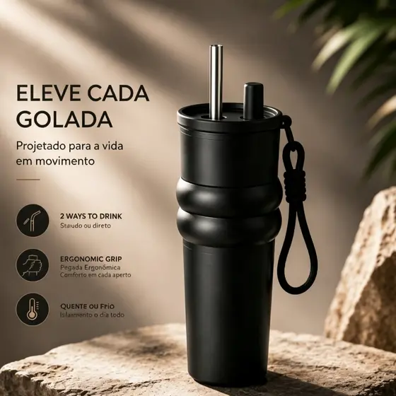 Copo Portátil com Canudo e Alça, Garrafa para Bebidas Geladas Fitness Academia Viagem