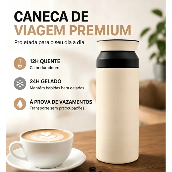 Copo Térmico 350ml Portátil, Tampa Hermética, Café, Chá, Bebidas Quentes e Frias, Design Compacto, Viagem e Uso Diário