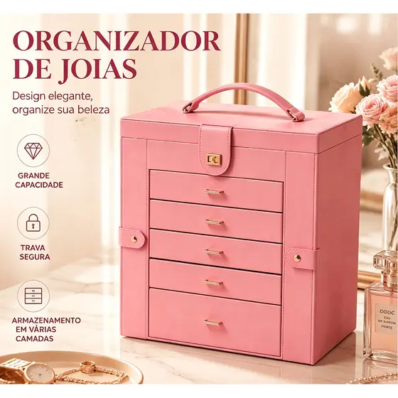 Caixa Organizadora de Joias com Vários Níveis, Grande Capacidade com Fechadura e Alça para Maquiagem e Acessórios