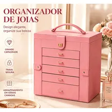 Caixa Organizadora de Joias com Vários Níveis, Grande Capacidade com Fechadura e Alça para Maquiagem e Acessórios