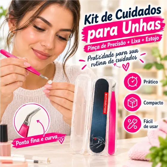 Kit de Cuidados para Unhas com Pinça de Precisão, Lixa para Unhas e Estojo Portátil