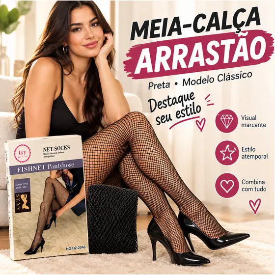 Meia-Calça Arrastão Preta Feminina, Modelo Clássico para Looks e Diferentes Estilos