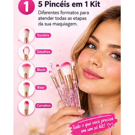 Kit 5 Pincéis de Maquiagem Rosa para Olhos, Blush e Rosto, Acessórios de Beleza