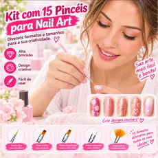 Kit 15 Pincéis para Unhas Rosa, Pincéis para Nail Art, Desenhos, Detalhes e Decoração de Unhas