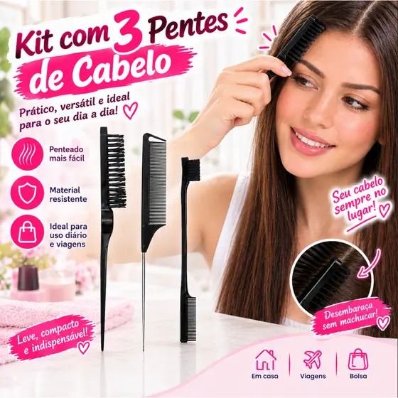 Kit 3 Pentes de Cabelo Resistente, Pente Largo, Fino e Modelador, Acessórios Profissional para Cabelo, Uso Diário Salão