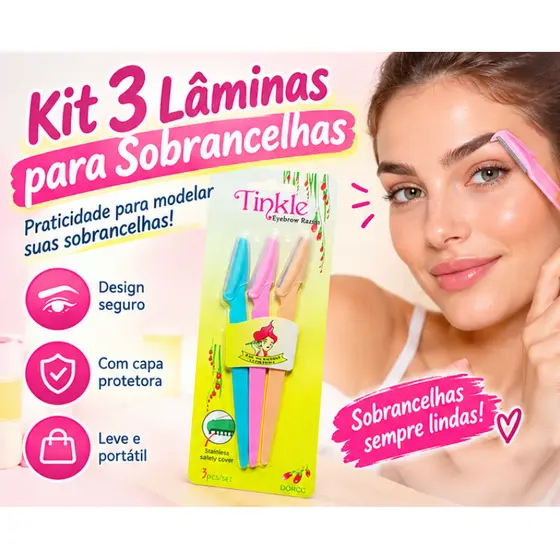 Kit 3 Lâminas para Sobrancelhas, Navalhete para Sobrancelha com Capa Protetora, Ferramenta para Modelar e Aparar
