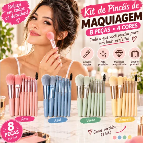 Kit 8 Pincéis Maquiagem Cores Sortidas Rosa Azul Verde Amarelo Cerdas Macias