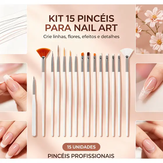 Kit com 15 Pincéis para Nail Art, Pincéis para Detalhes, Linhas, Esfumados e Decorações de Unhas, Diferentes Formatos