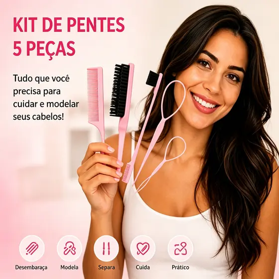 Kit de Pentes e Escovas para Cabelo 5 Peças, Escova Almofadada, Pente para Desembaraçar e Modela