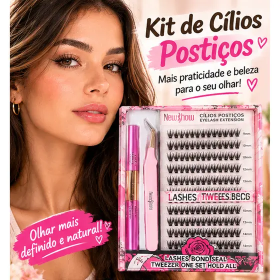 Kit de Cílios Postiços para Extensão, D 9-14mm Mix, 20P+30P, com Cola, Selante e Pinça