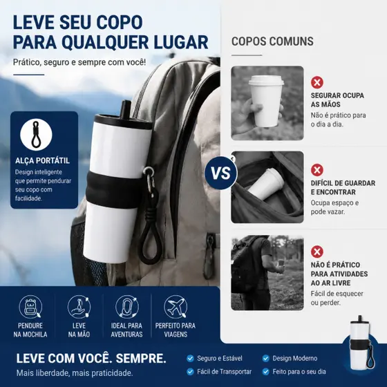 Copo Térmico Portátil Com Tampa e Alça, Isolamento Térmico Para Bebidas Quentes e Frias, Ideal Para Viagem e Academia