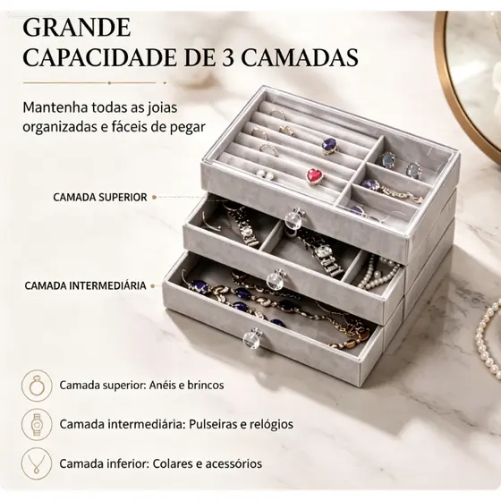 Organizador de Joias Transparente 3 Camadas com Gavetas Visíveis