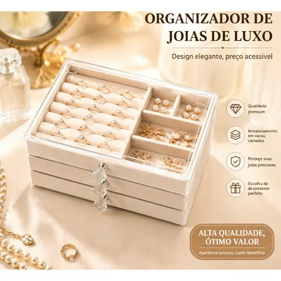 Caixa Organizadora de Joias com Vários Níveis, Grande Capacidade com Gavetas e Revestimento Macio para Acessórios