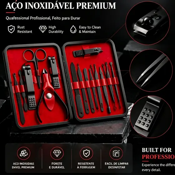 Kit Profissional de Manicure 18 Peças, Ferramentas de Unhas em Aço Inoxidável com Estojo