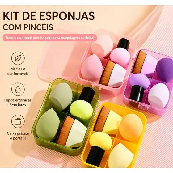 Kit Esponjas Maquiagem Multicoloridas Com Estojo