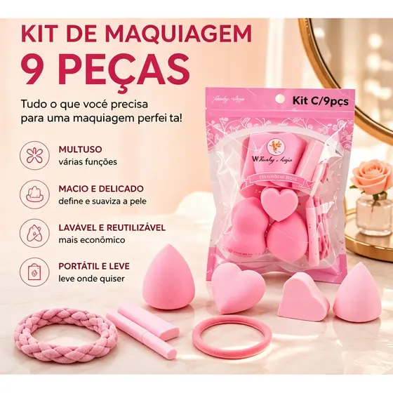Kit C/9 Peças Esponjas De Maquiagem Formas Variadas Uso Seco E Molhado