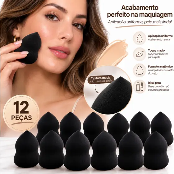 Esponja de beleza preta formato abóbora 12 unidades macia não absorve muita base