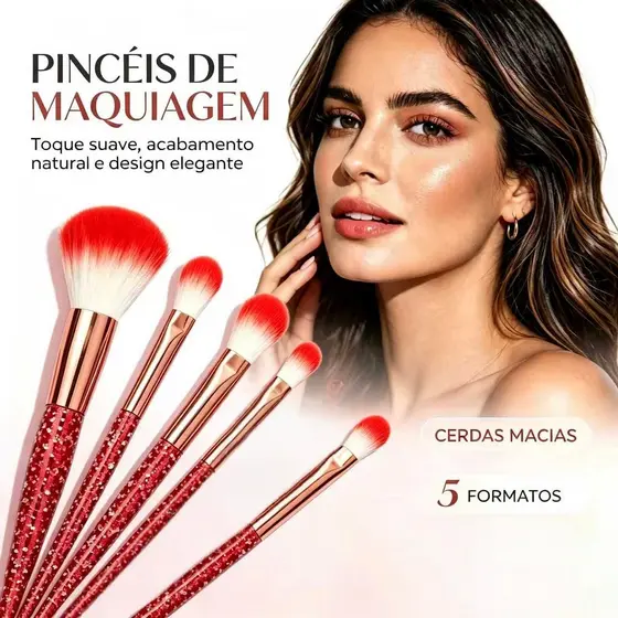 Kit Pincéis Maquiagem 5 Peças Cabo Vermelho Brilhante Cerdas Macias Iniciantes
