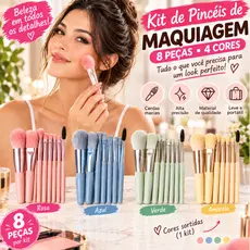 Kit 8 Pincéis Maquiagem Cores Sortidas Rosa Azul Verde Amarelo Cerdas Macias