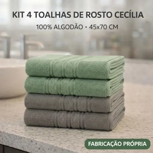 Kit 4 Toalhas Rosto Cecília Premium 45x70cm Algodão Felpuda Banheiro Uso Diario