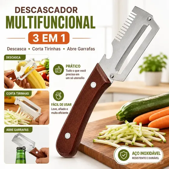 Descascador de Legumes 3 em 1 com Lâmina Julienne Abridor de Garrafas Acessório Prático para Cozinha