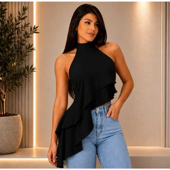 Blusa  Regata Feminina Assimetrica Gola Alta Estilosa Elegante Tecido Duna