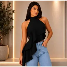 Blusa  Regata Feminina Assimetrica Gola Alta Estilosa Elegante Tecido Duna