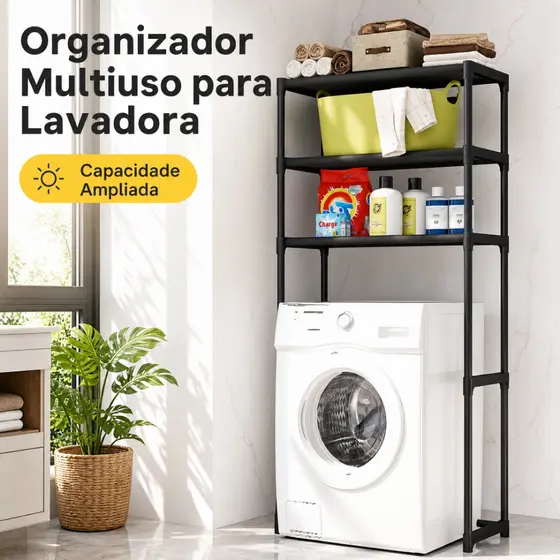 Estante Rack para Máquina de Lavar 3 Níveis Preto Organizador Multiuso Lavanderia