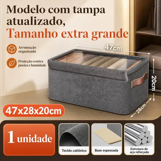 Caixa Organizadora Roupas 47x28x20cm Com Tampa Visível Alça Reforçada Armação Aço Dobrável Guarda‑Roupa Calças