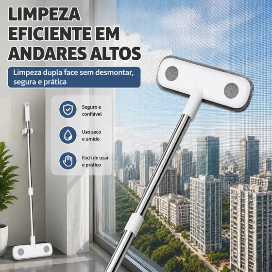 Escova Limpadora de Tela de Janela Haste Extensível Ajustável Limpeza Dupla Face Uso Seco e Úmido Para Apartamento