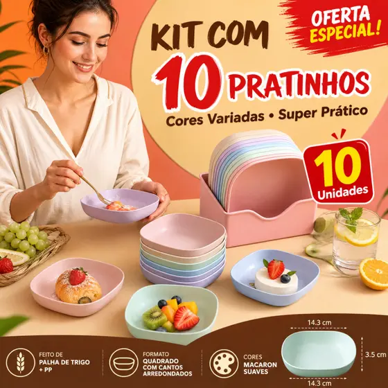 Kit 10 Pratinhos de Palha de Trigo Quadrado Multicolor Macaron Sobremesa Petiscos Acompanhamento Comida