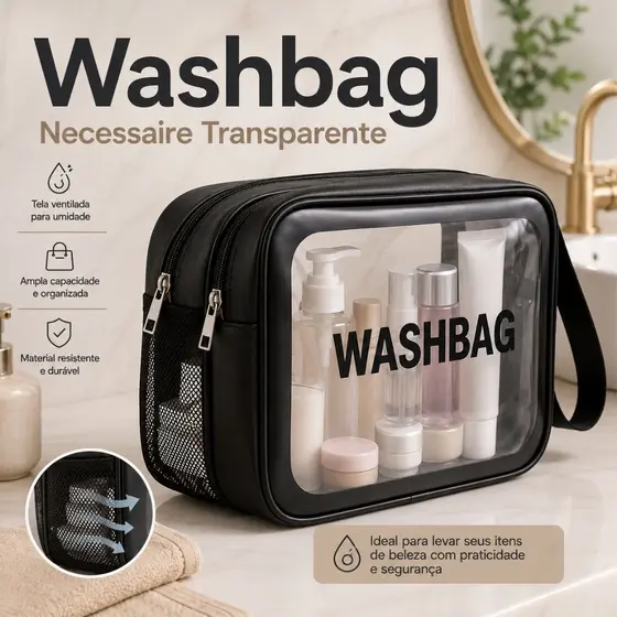 Bolsa Washbag Necessaire Transparente Grande com Alça 2 Compartimentos Divisórias para Viagem Academia Piscina Praia