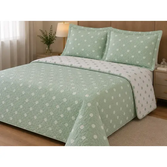 Kit Cobre Leito Colcha Dupla Face Queen com 2 Porta Travesseiros Matelado Poá