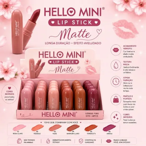 Batom Matte Hello Mini Lip Stick - Longa Duração Efeito Aveludado