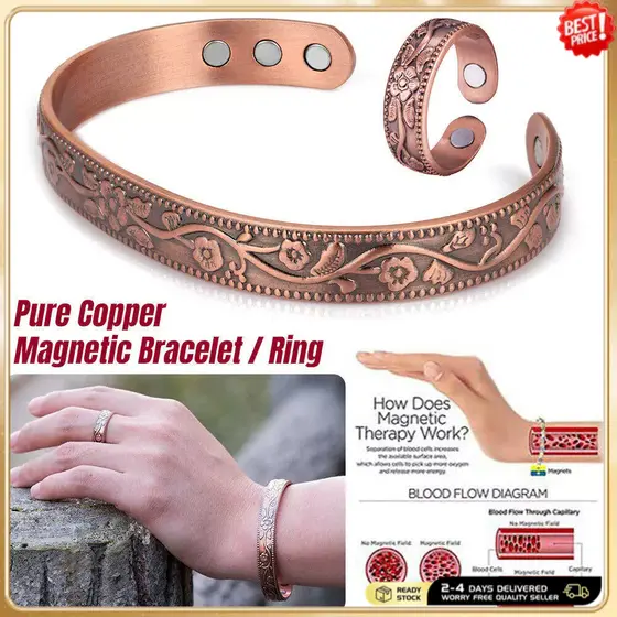 De Pulseira E Anel Magnético De Cobre Puro | Joias De Terapia Gravadas Florais