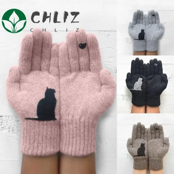 CHLIZ Luva De Pelúcia Quente , Gato Pássaros Cães Impressos Luvas Térmicas À Prova De Vento Femininas , Masculinas De In