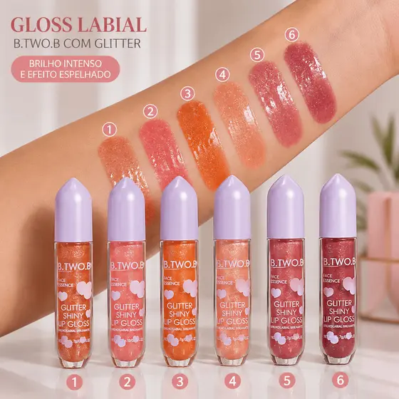 Gloss Labial B.TWO.B com Glitter Lip Gloss Brilho Intenso Hidratante Não Pegajoso Efeito Espelhado