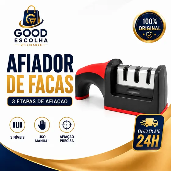 Afiador de Facas Manual 3 Etapas com Cabo Ergonômico Base Antiderrapante para Cozinha