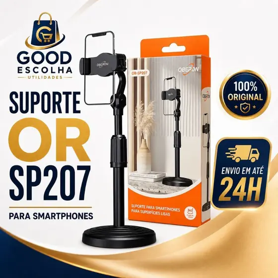 Suporte para Celular Oberon OR-SP207 Ajustável 360° Base de Mesa para Smartphone Vídeos Lives Chamadas