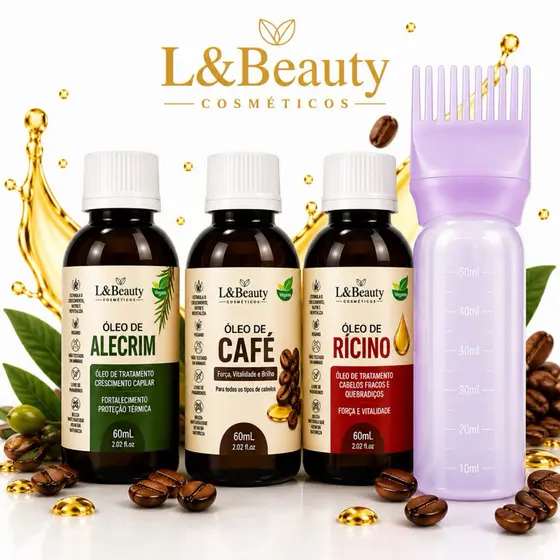 Kit Com 3 Óleos  –  1 Óleo de Café + 1 Óleo de Alecrim + 1 Óleo Rícino + 1 Aplicador - L&BEAUTY