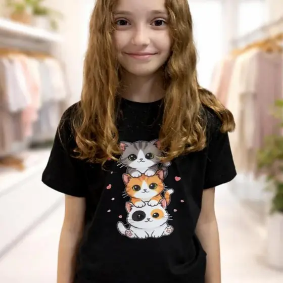 Camiseta De Algodão Infantil Menina T-shirt Cores preta rosa branca do 2 a 14