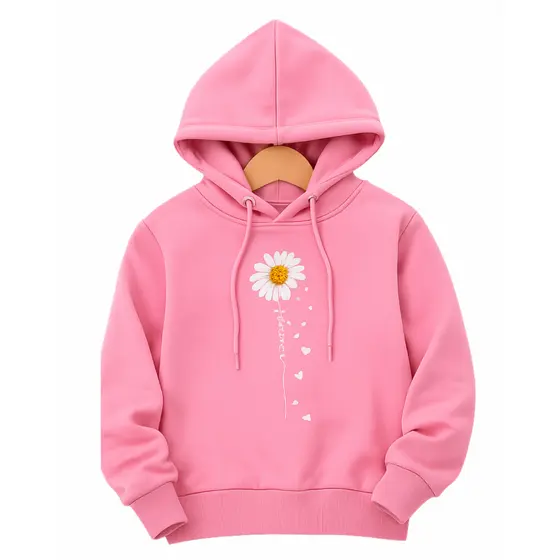 Blusa infantil moletom feminina com capuz bordado flortal rosa preto