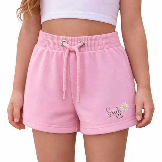 Short Infantil Feminino Moletinho Confortável com Cintura de Ribana e Bordado  Com Bolso  – Rosa, Preto e Cinza