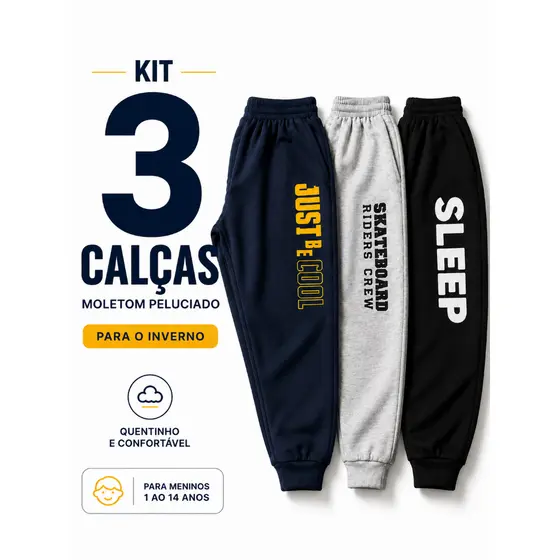 Kit 3 Calças Moletom Infantil Menino Juvenil Masculino Peluciada Inverno Estampada 1 ao 14